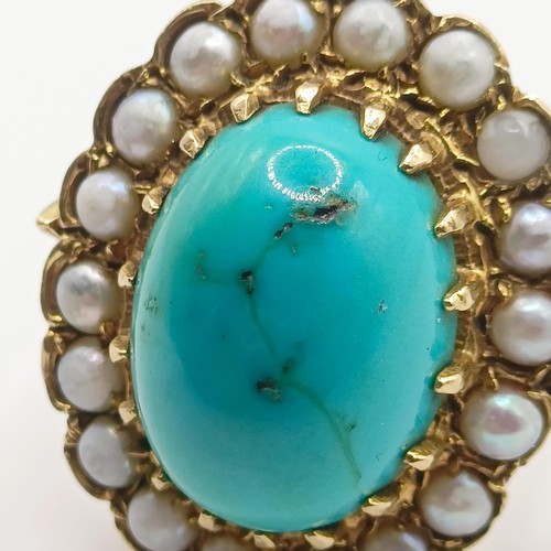 390 - A 9ct gold, seed pearl and turquoise ring, ring size Q