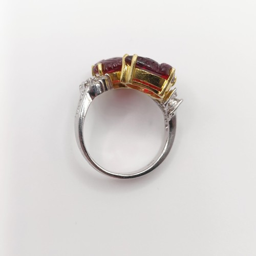 421 - A French diamond and carved red stone ring, ring size O