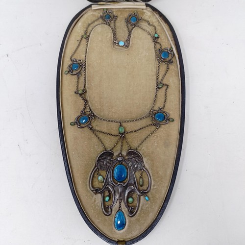 300 - A large and impressive Guild of Handicraft silver coloured metal, blue enamel and turquoise necklace... 