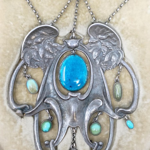 300 - A large and impressive Guild of Handicraft silver coloured metal, blue enamel and turquoise necklace... 