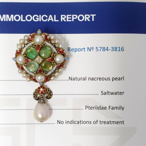 432 - A natural pearl, cabochon cut green stone and enamel Holbeinesque brooch, with certificate