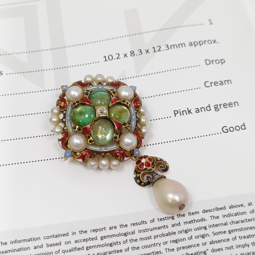 432 - A natural pearl, cabochon cut green stone and enamel Holbeinesque brooch, with certificate