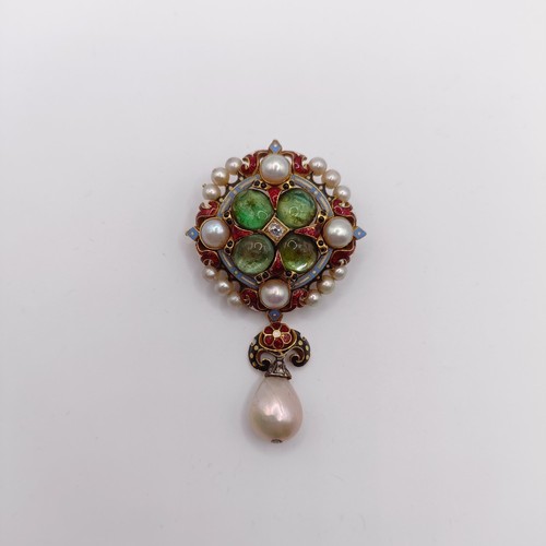 432 - A natural pearl, cabochon cut green stone and enamel Holbeinesque brooch, with certificate