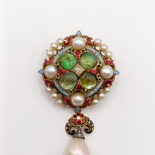 432 - A natural pearl, cabochon cut green stone and enamel Holbeinesque brooch, with certificate