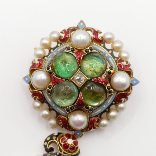 432 - A natural pearl, cabochon cut green stone and enamel Holbeinesque brooch, with certificate