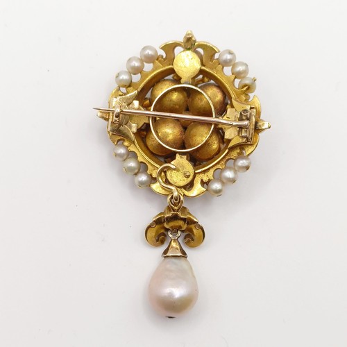 432 - A natural pearl, cabochon cut green stone and enamel Holbeinesque brooch, with certificate