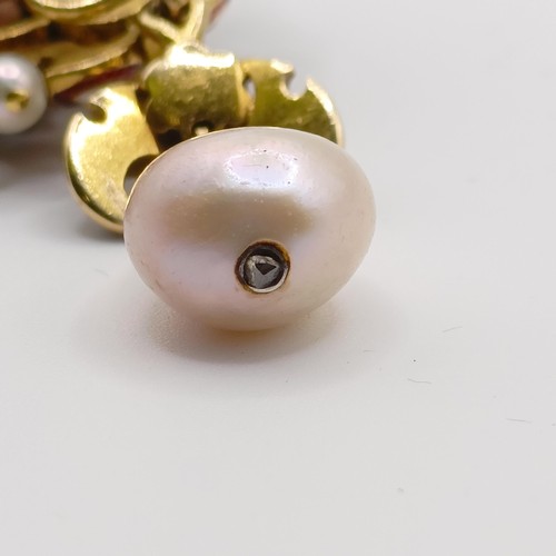 432 - A natural pearl, cabochon cut green stone and enamel Holbeinesque brooch, with certificate