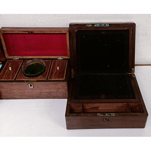 1129 - A 19th century mahogany and brass bound writing slope, 50 cm wide, a tea caddy, a work box, a writin...