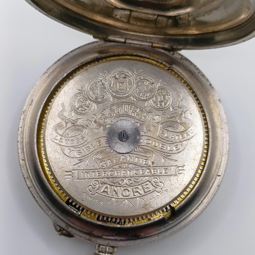 608 - A silver plated Jovis Hebdomas eight day open face pocket watch, 5 cm diameter