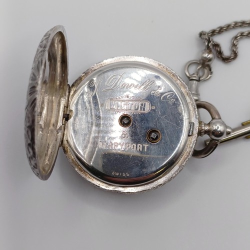 611 - A ladies  silver open face pocket watch, the movement signed J Dowell & Co, on a chain