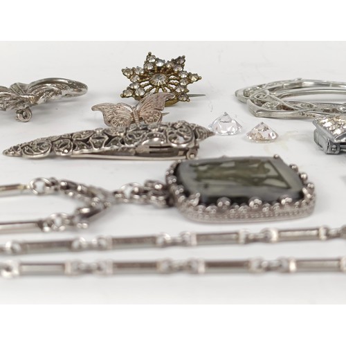 536 - Assorted diamante and marcasite jewellery, to include earrings, clips, two orchid brooches