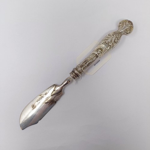 60 - A rare Victorian silver butter knife, the handle decorated rams head and figures, London 1855, 1.6 o...