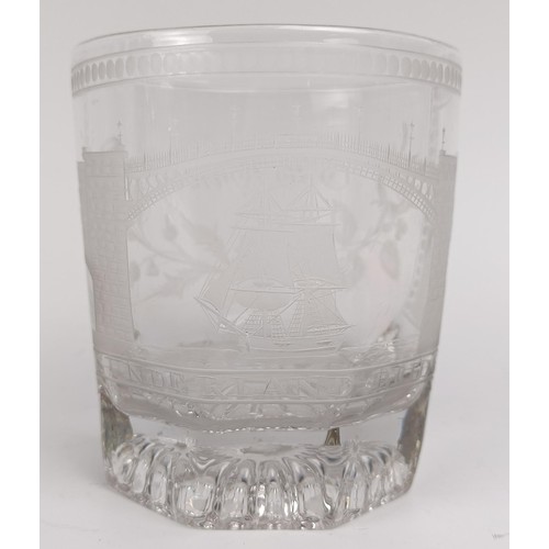 1171 - A 19th century glass tumbler, one side decorated Sunderland Bridge, the other a rose and a Scottish ... 