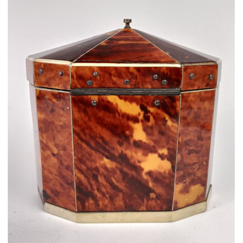 1175 - A George III decagon tea caddy, veneered in tortoiseshell and ivory banding, the front with a silver... 