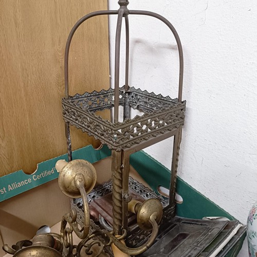 1160 - A late Victorian hall lantern, with leaded glass panel, and two brass wall lights (box)