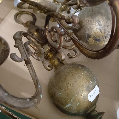 1160 - A late Victorian hall lantern, with leaded glass panel, and two brass wall lights (box)