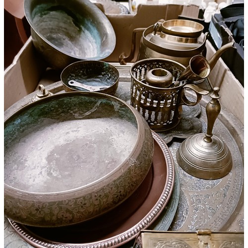 1192 - A Chinese style brass bowl, assorted Eastern metalware, and a bell (box)