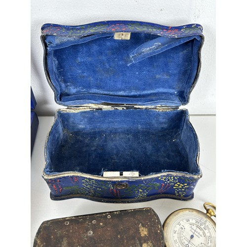 1229 - A silver coloured metal box, inset with coin, a lacquered snuff box, a painted jewellery box, a meda... 