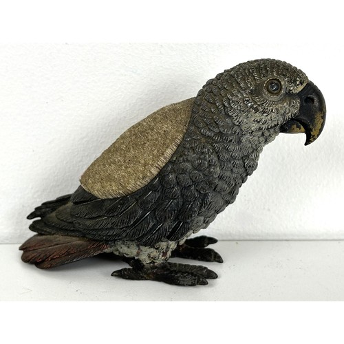 1232 - A cold painted bronze novelty pin cushion, in the form of a parrot, 10 cm high