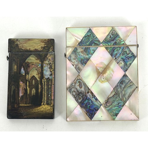 1236 - A 19th century lacquered card case, decorated ruin, and a mother of pearl card case (2)