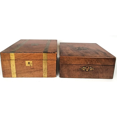 1148 - A mahogany and brass bound writing slope, 30 cm wide, a walnut box, 30 cm wide, and a chandelier (3)