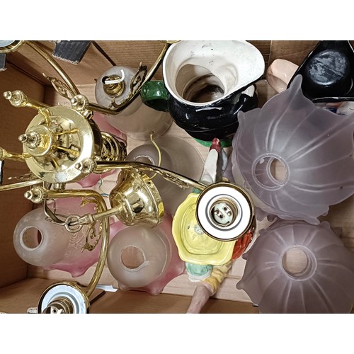 1154 - A toby jug, another, and brass ceiling light with glass shades and other items (box)