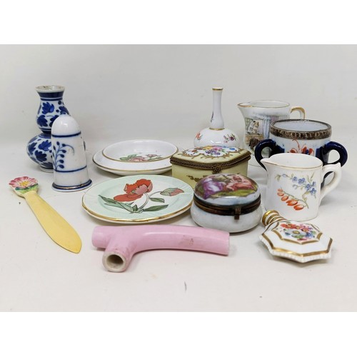 1261 - Assorted miniature ceramic items to include Meissen, Royal Worcester, a parasol handle and a candle ... 