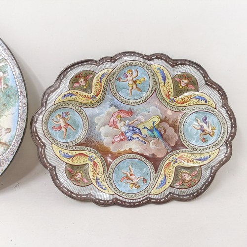 1256 - A Vienna style enamel lobed dish, decorated figures and birds, 14 cm wide, and a similar dish, decor... 