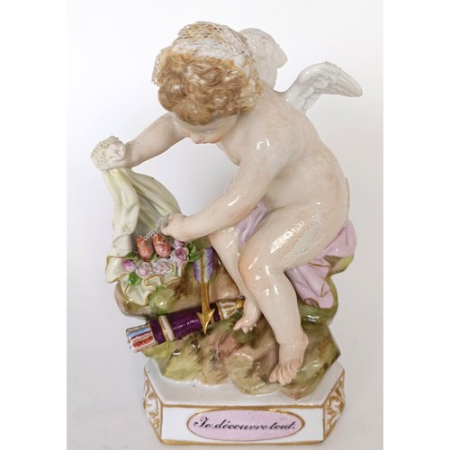 1248 - A late 19th/early 20th century Meissen porcelain group, Je Decouvrelout, some loss, 12 cm high, a se... 