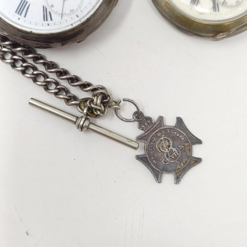 655 - A silver open face pocket watch, with a chain, and another silver open face pocket watch (2)