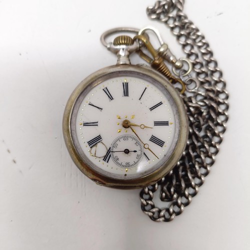 655 - A silver open face pocket watch, with a chain, and another silver open face pocket watch (2)