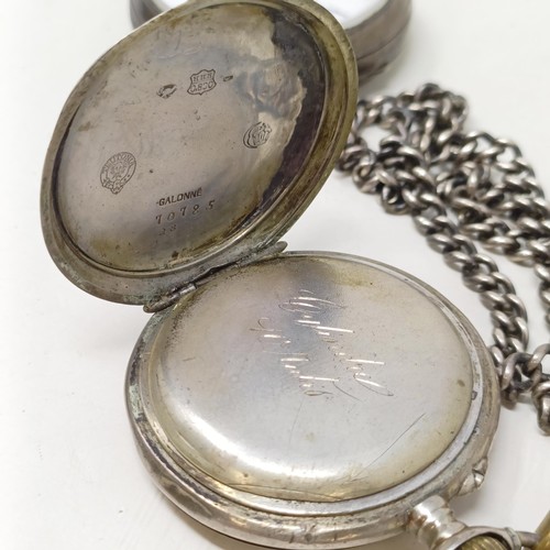 655 - A silver open face pocket watch, with a chain, and another silver open face pocket watch (2)