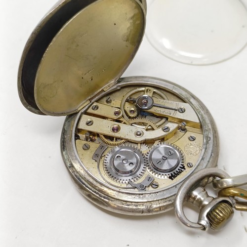 655 - A silver open face pocket watch, with a chain, and another silver open face pocket watch (2)