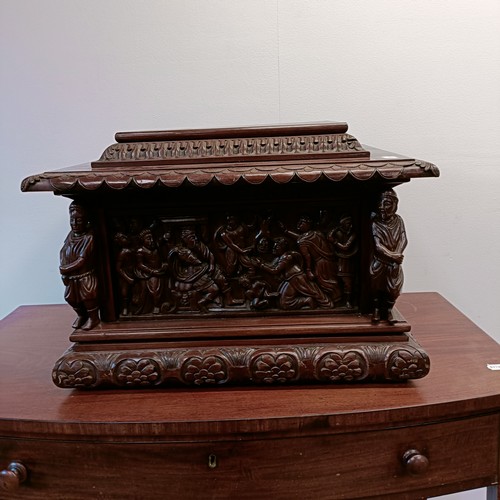 1327 - An unusual carved mahogany Grand Tour type casket, with a lift off lid, with monopodia corner suppor... 