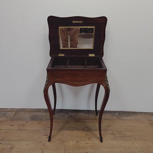 1314 - A late 19th/early 20th century French rosewood serpentine work table, with marquetry inlay and gilt ... 