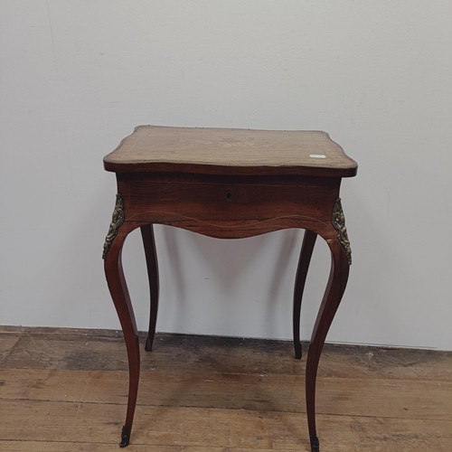 1314 - A late 19th/early 20th century French rosewood serpentine work table, with marquetry inlay and gilt ... 