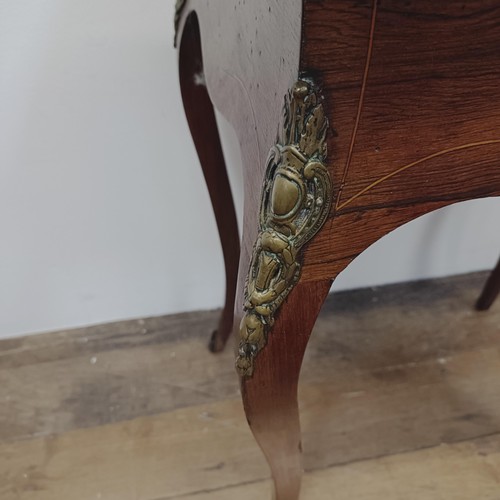 1314 - A late 19th/early 20th century French rosewood serpentine work table, with marquetry inlay and gilt ... 