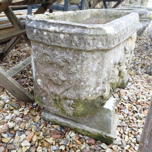 1444 - A composite stone rectangular planter, with carved lion decoration, on composite stone stands...