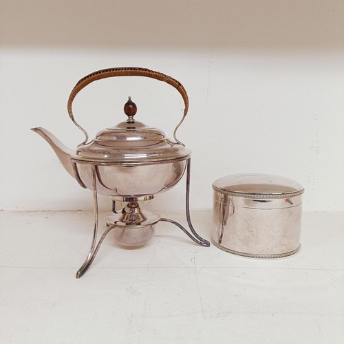 1273 - A late Victorian silver plated teapot, stand and burner, a silver plated biscuit barrel and other it... 