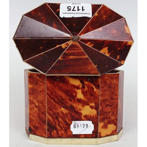 1175 - A George III decagon tea caddy, veneered in tortoiseshell and ivory banding, the front with a silver... 