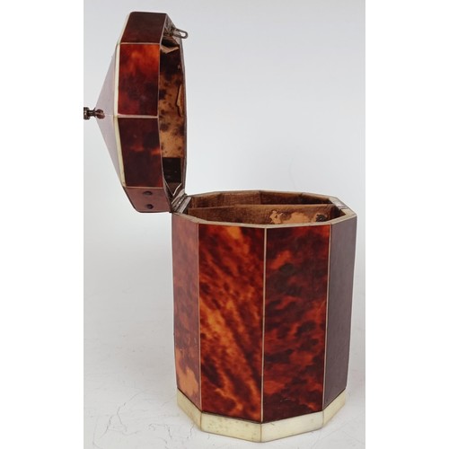 1175 - A George III decagon tea caddy, veneered in tortoiseshell and ivory banding, the front with a silver... 