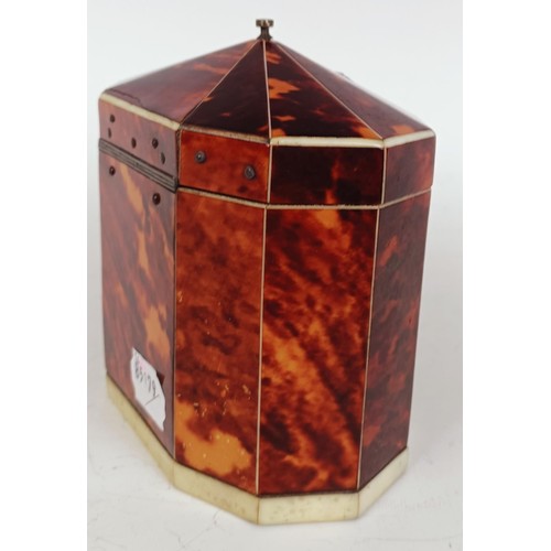 1175 - A George III decagon tea caddy, veneered in tortoiseshell and ivory banding, the front with a silver... 