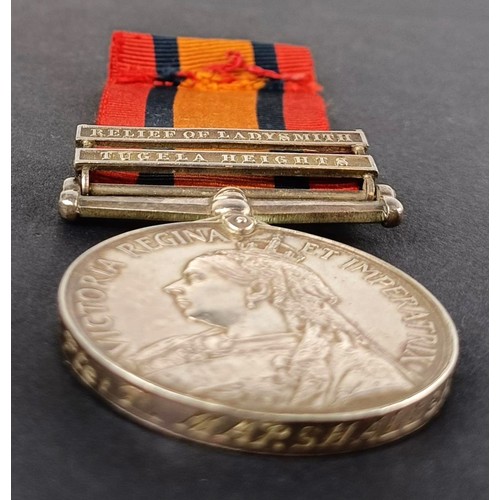 58 - A Queen's South Africa medal, awarded to 3092 Pte T Marshallsay 2nd Dorset Regiment, with Tugela Hei...