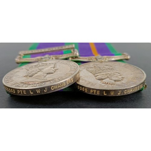 88 - A pair of medals, awarded to 24855565 Pte L W J Chambers, Royal Irish (HS), comprising a General Ser... 