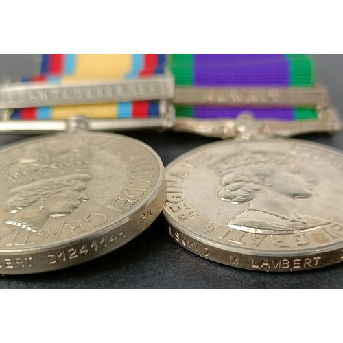 91 - A pair of medals, awarded to LS (MW) M Lambert D124114H RN, comprising a Gulf medal, with 16 Jan to ... 