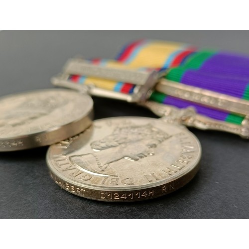 91 - A pair of medals, awarded to LS (MW) M Lambert D124114H RN, comprising a Gulf medal, with 16 Jan to ... 