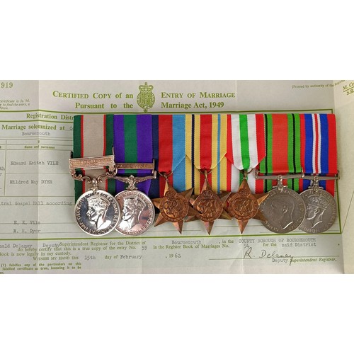 233 - A group of seven medals, awarded to 5670027 Pte E Vile Hampshire Regiment, comprising an India Gener... 