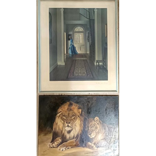 1129 - P H Williams, a lion and lioness, oil on canvas, 46 x 61 cm, print of a lady in a blue dress, 70 x 5... 