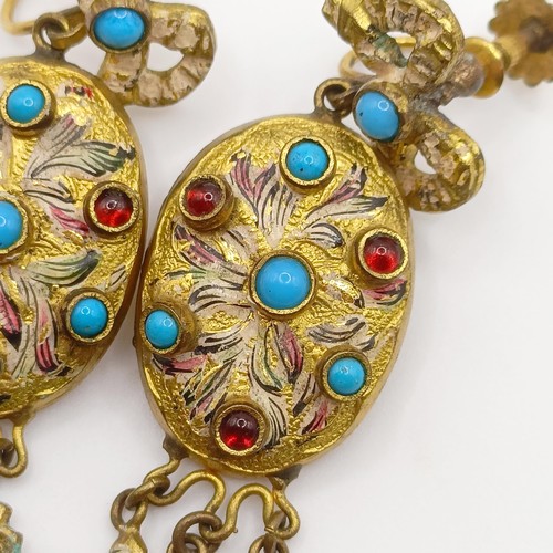 1610 - A pair of Indian yellow coloured metal, turquoise, red stone and enamel tassel earrings