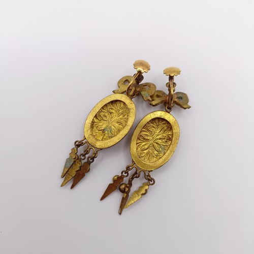 1610 - A pair of Indian yellow coloured metal, turquoise, red stone and enamel tassel earrings